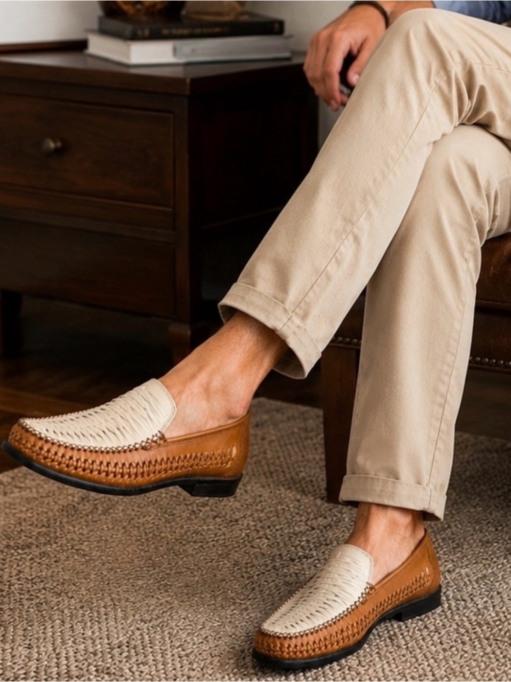 Brass Boot Men’s Woven Leather Loafers Brown Cream Size 13M